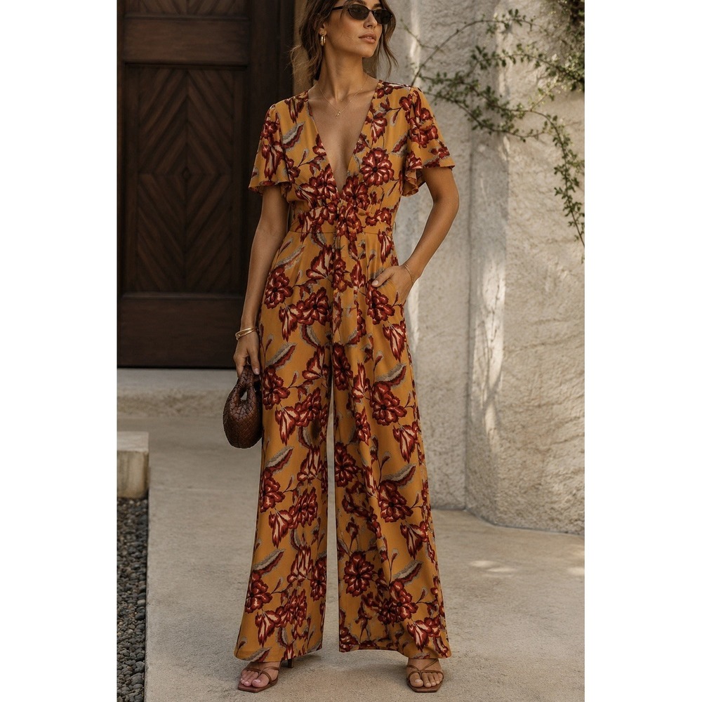 House of Harlow 1960 x Revolve Marcel Jumpsuit Floral Wide‎ Leg Satin NWT Sz M